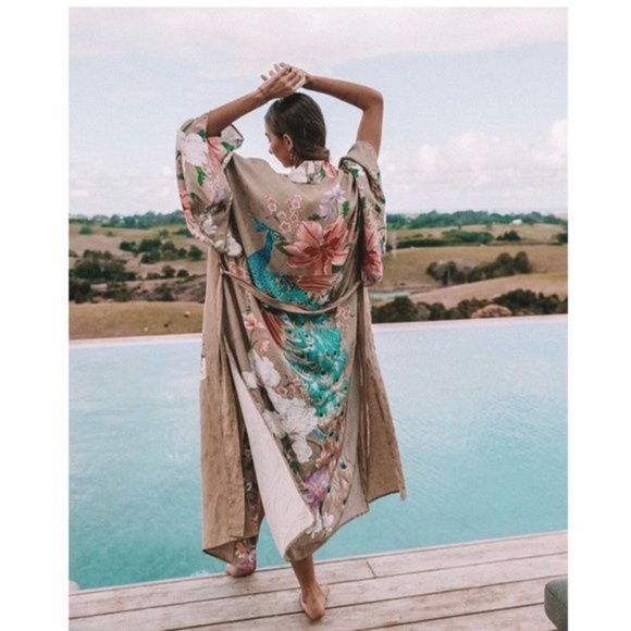 Boho Tan Floral Print kimono Cover up Belted Gypsy - Picture 6 of 10